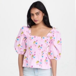 GANNI Smocked Floral Square Neck Puff Sleeve Top size 4 Pink